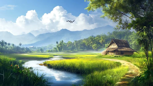 Sunlit rice valley curls around a quiet riverside hut