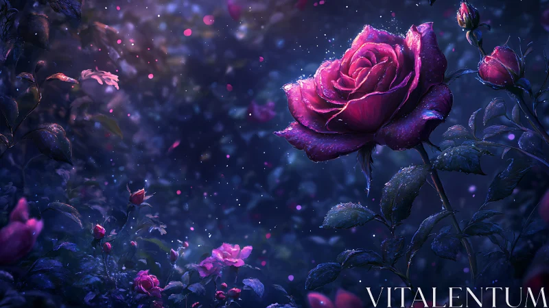 Luminescent Rose Garden in Cosmic Purple and Pink Glow.