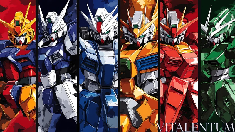 Multicolor panel layout of five armored mecha units, frontal