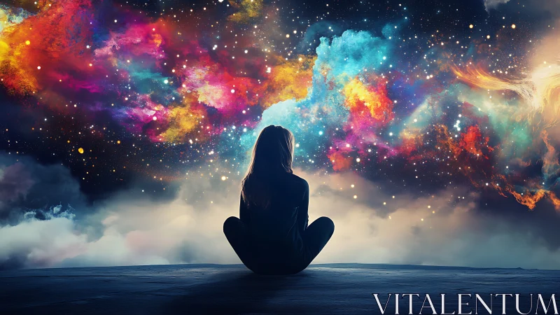 Silhouette observes multicolored cosmic nebula and star field