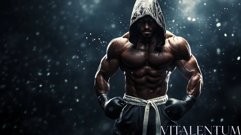 Muscular male athlete in boxing stance with ethereal particle effects