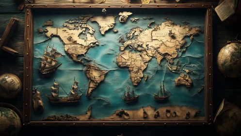 Seafaring dreams on a vintage world explorer’s map.
