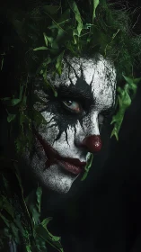 Forest trickster glares through cracked clown paint and leaves