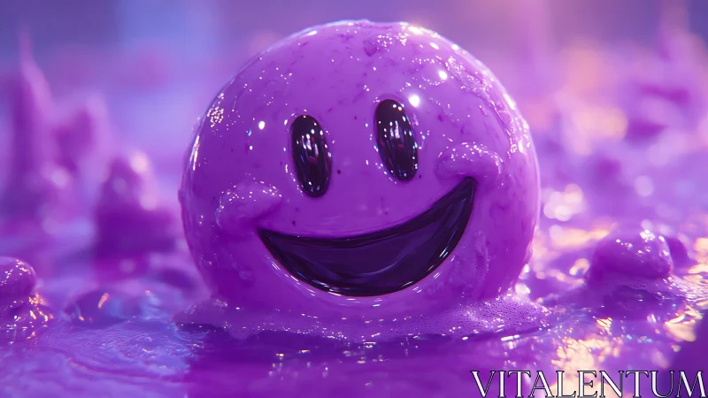 Purple glossy smiley sphere emerging from viscous liquid.