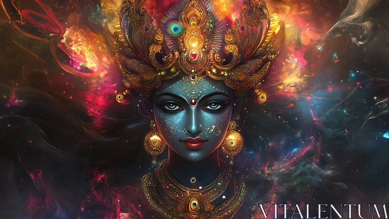 Divine blue goddess portrait with ornate cosmic crown.