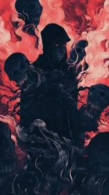 Crimson smoke swirls around a hooded reaper of shadows