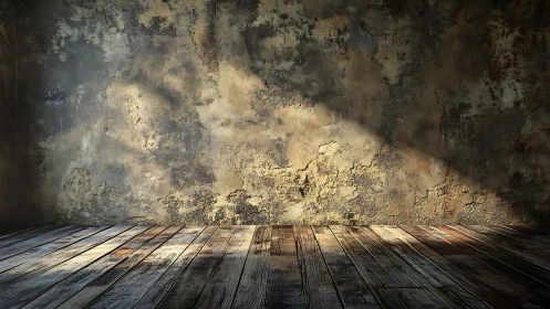 Textured plaster wall meets worn wooden floor in oblique light
