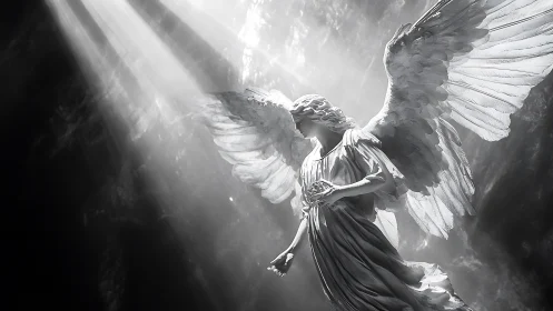 Luminous angelic statue stands beneath dramatic heavenly rays.
