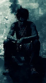 Brooding punk loner rests in shadowy blue urban silence