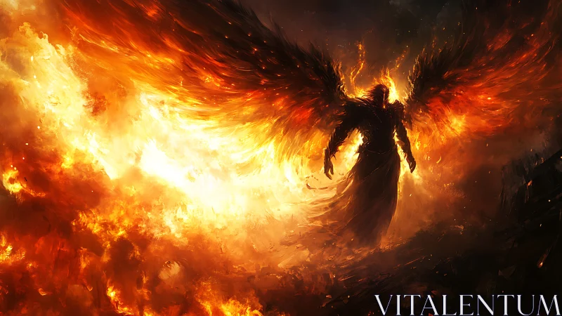 Winged humanoid silhouette in extensive surrounding fire field.
