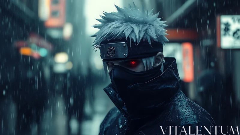 Rain-soaked cyber shinobi with glowing crimson gaze stalks night.