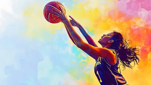 Dynamic digital painting captures female basketball player in mid shot