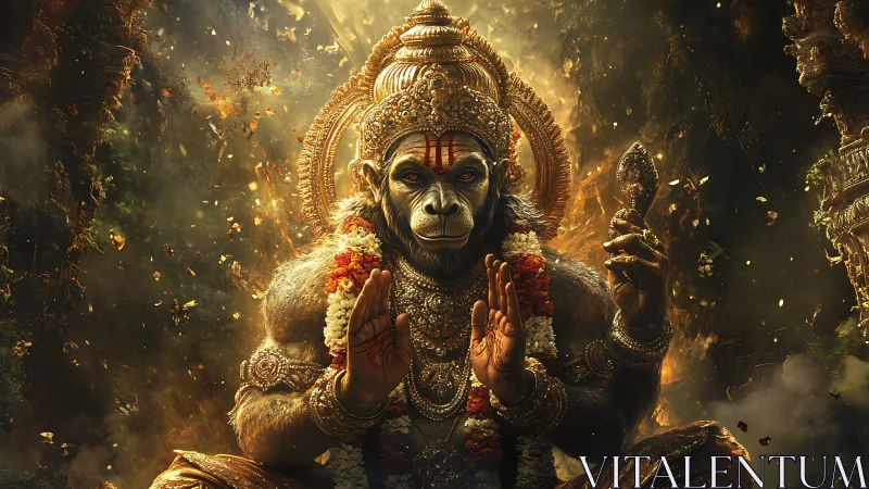 Divine monkey warrior sits in golden-lit temple sanctuary.