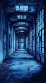Abandoned blue corridor under broken skylights at night.