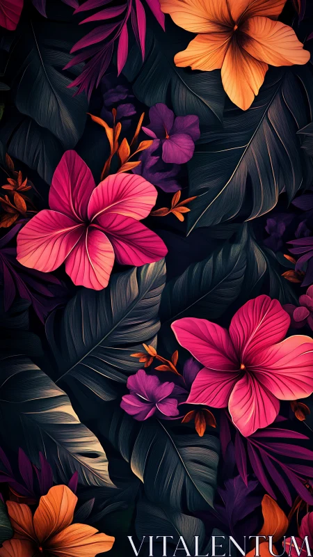 Luminescent Tropical Floral Composition With Vibrant Neon Color Gradients