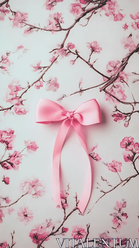 Pink satin bow on cherry blossom floral pattern background.
