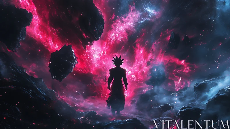 Cosmic warrior silhouette amid pink nebula stormscape.