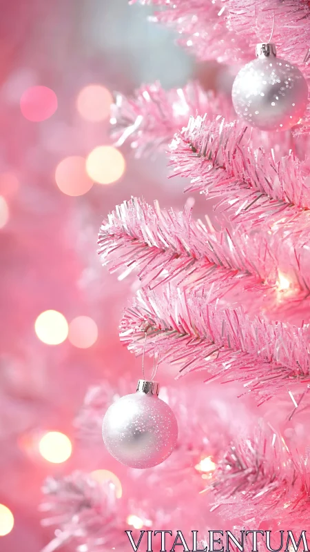 Soft pink Christmas tree with glowing pastel ornaments.