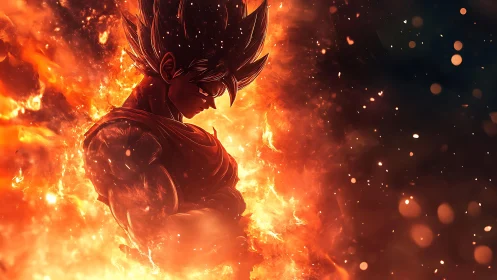 Silhouetted anime warrior framed by high-energy volumetric fire field