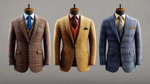 Three-Piece Business Blazer Ensemble: Plaid Wool Tailoring with Structured Silhouettes