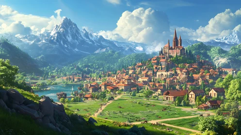 Fantasy hilltop citadel with alpine valley town, panoramic view.