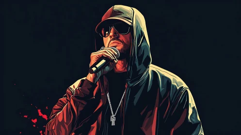 Hooded hip hop vocalist with mic in stylized vector lighting