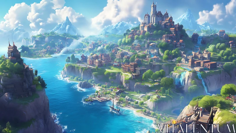 Fantasy castle kingdom nested in mountainous landscape