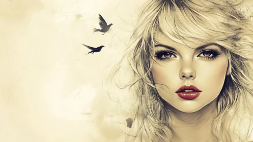 Softly lit portrait of blonde woman with soaring birds.