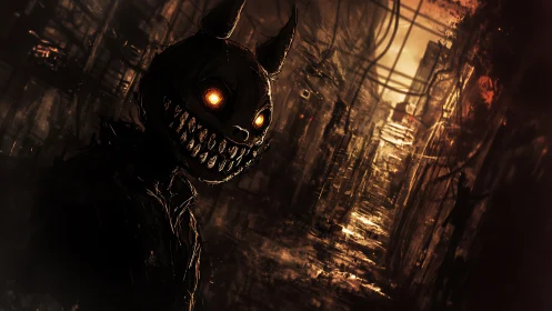Grinning demon silhouette haunts a burning urban alleyway.