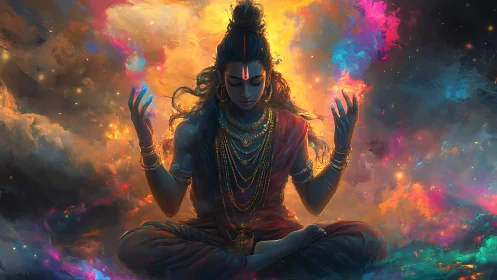 Divine meditator summons radiant cosmic fire in silence