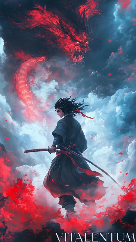 Lone warrior meets blazing red dragon in stormy sky