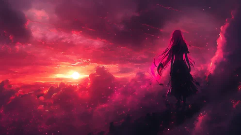 Backlit anime figure observes high-altitude crimson nebular sunset