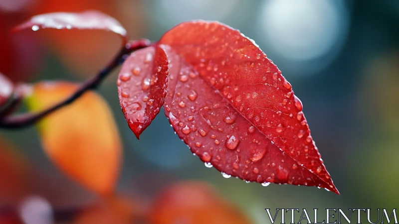 Red autumn leaf with raindrops in soft natural focus.