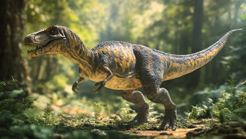 High-detail theropod dinosaur render under volumetric forest lighting