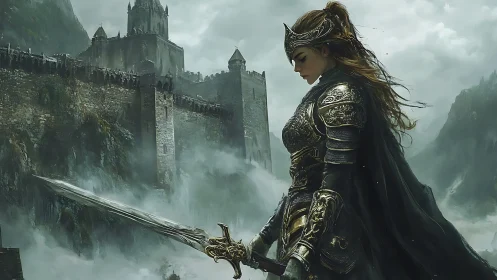 Armored warrior queen before mist-laden cliff fortress.