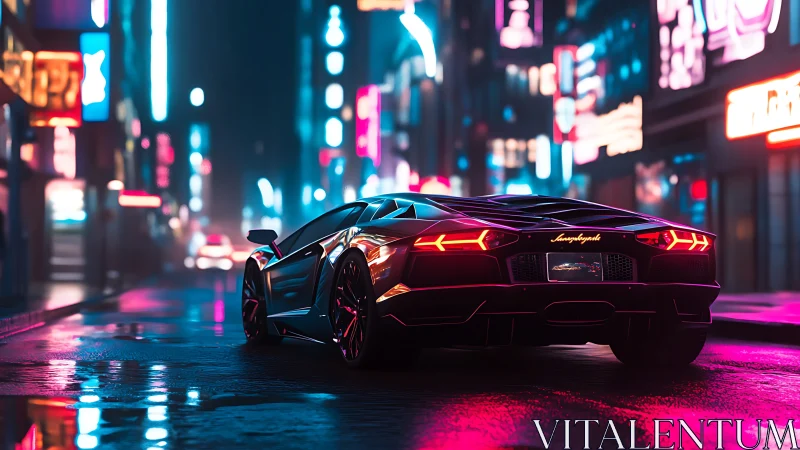 Neon-laminated supercar rear profile in saturated cyber streetscape.