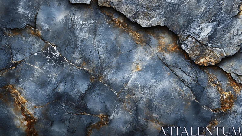 Textured blue slate rock surface with golden mineral veins, natural style.