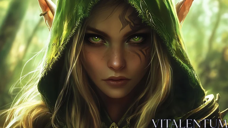 Elven hooded figure in forest environment close-up portrait.