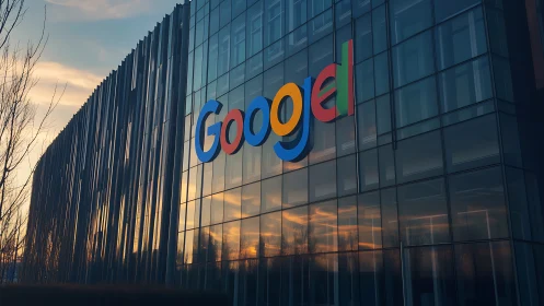 Google Signage on Glass Building Facade at Dusk