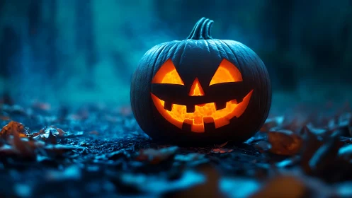 Illuminated jack o lantern on forest floor at dusk period