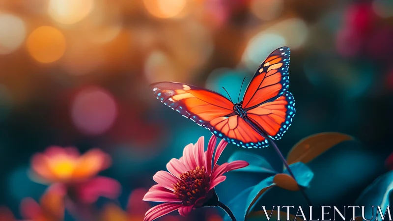 Radiant monarch butterfly hovers over garden blooms at dusk