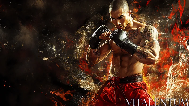 Digital martial artist with flames in dynamic guard pose.