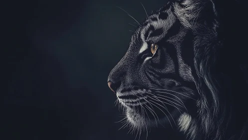 Low key side profile portrait of tiger with dramatic contrast.