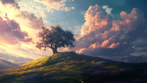 Solitary hillside tree under expansive sunset clouds.