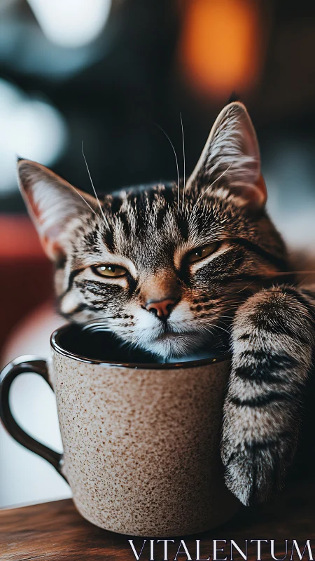 Tabby Cat Sipping Warm Beverage from Speckled Mug