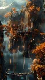 Vertical cliff city with suspended structures overlooks lake