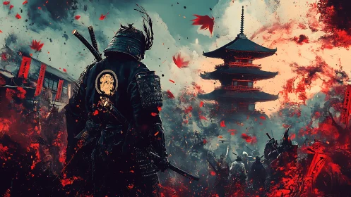 Armored samurai before pagoda amid red atmospheric debris.