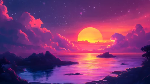 Neon dusk dreamscape over crystal sea and star-kissed clouds.