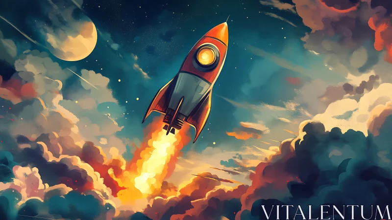 Rocket ascent through stylized clouds in night sky scene.