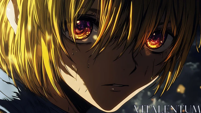 Intense anime closeup of blond character with glowing eyes.
